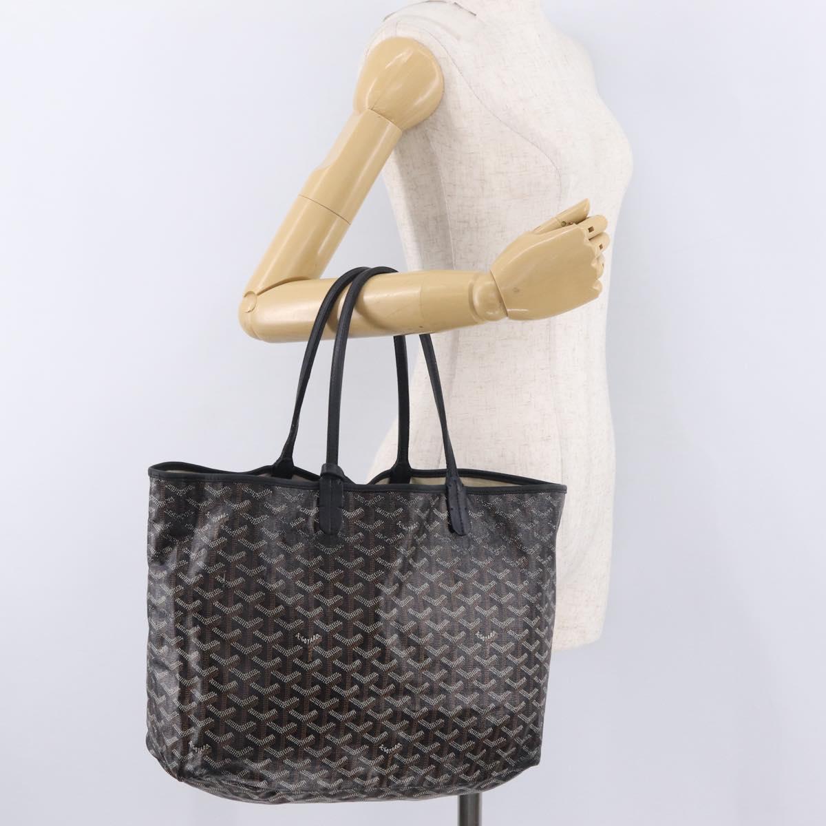Goyard Herringbone Saint Louis PM Tote Bag PVC Black Silver Auth 215370