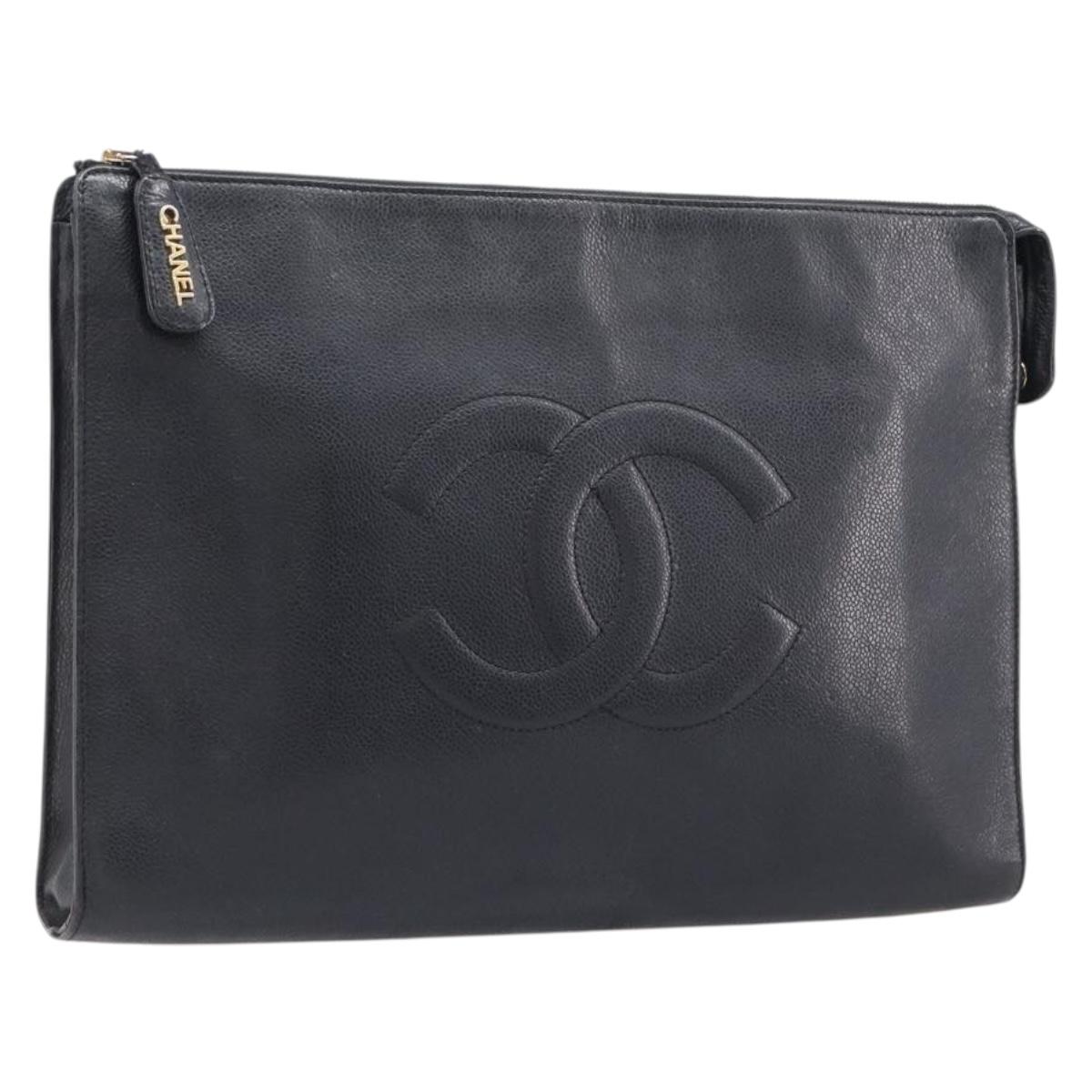 CHANEL Clutch Bag Caviar Skin Black Gold CC Auth 215372