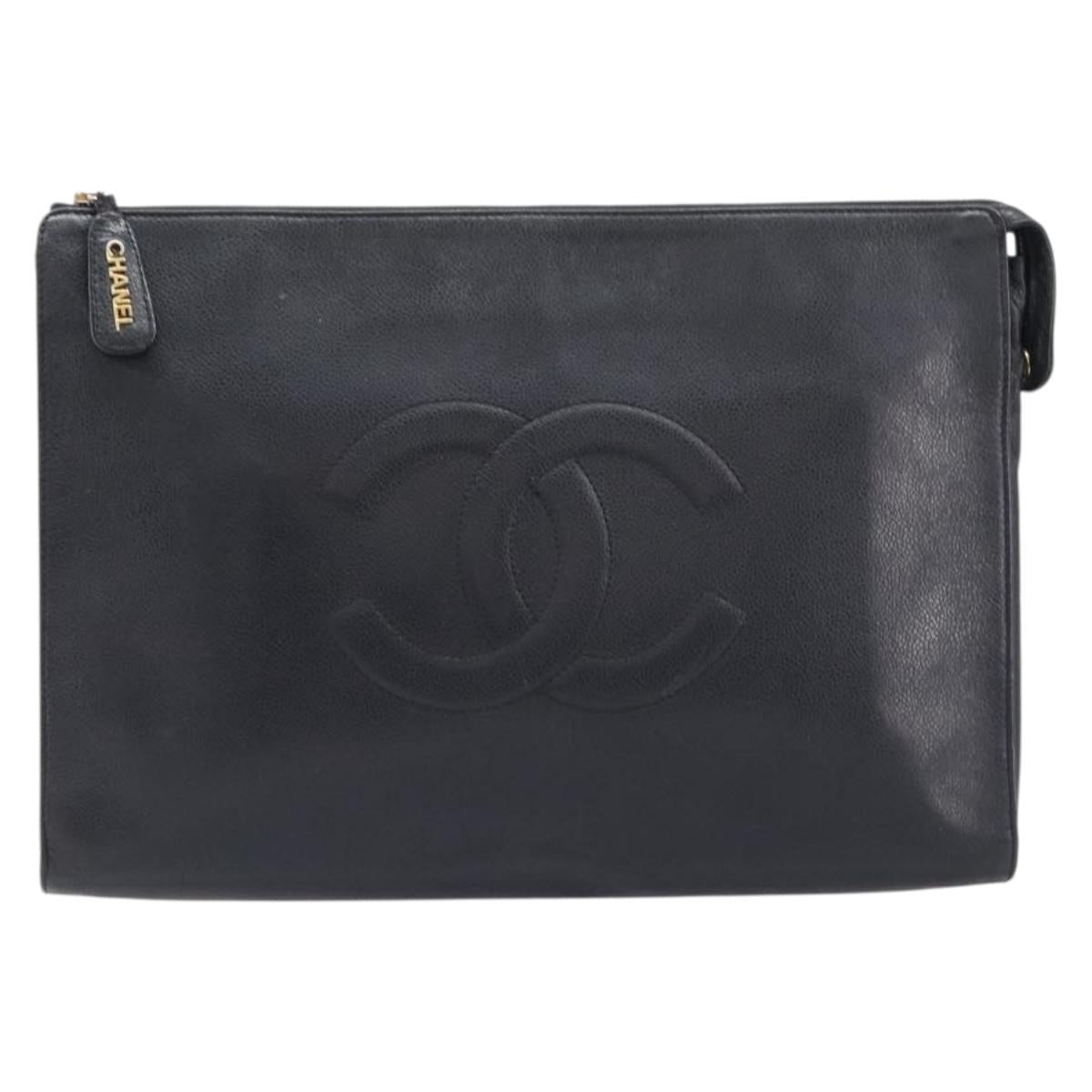 CHANEL Clutch Bag Caviar Skin Black Gold CC Auth 215372