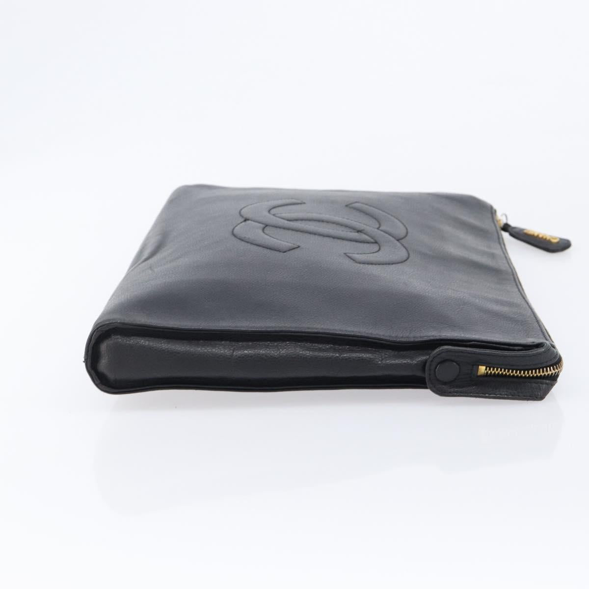 CHANEL Clutch Bag Caviar Skin Black Gold CC Auth 215372