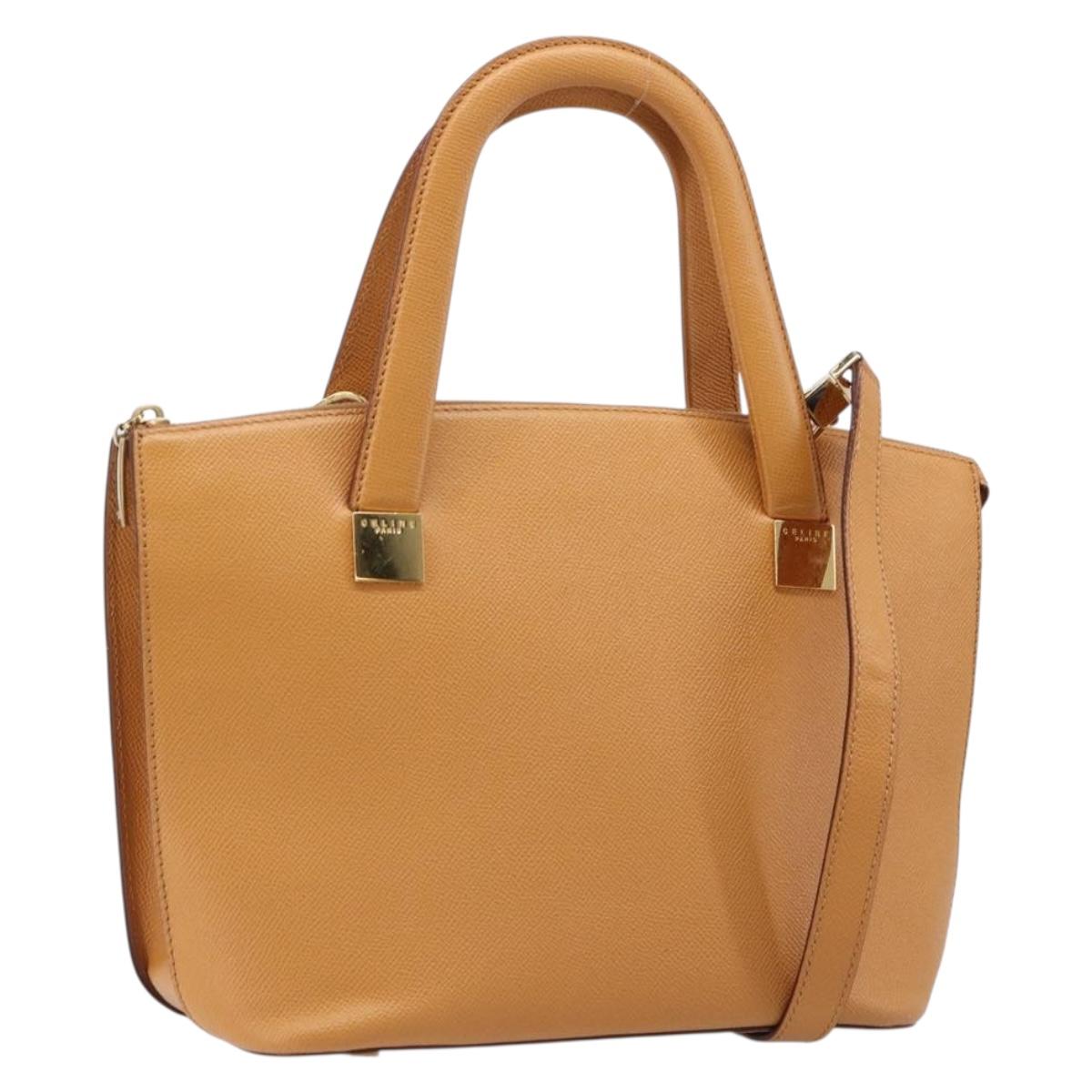 CELINE Hand Bag Leather 2way Beige Gold Auth 215400