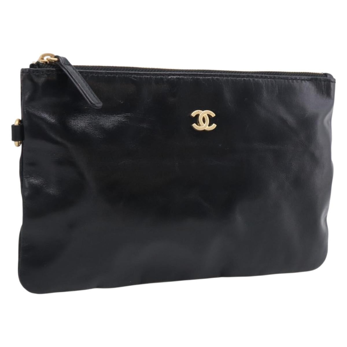 CHANEL COCO Mark Pouch Leather Black Gold CC Auth 215419A