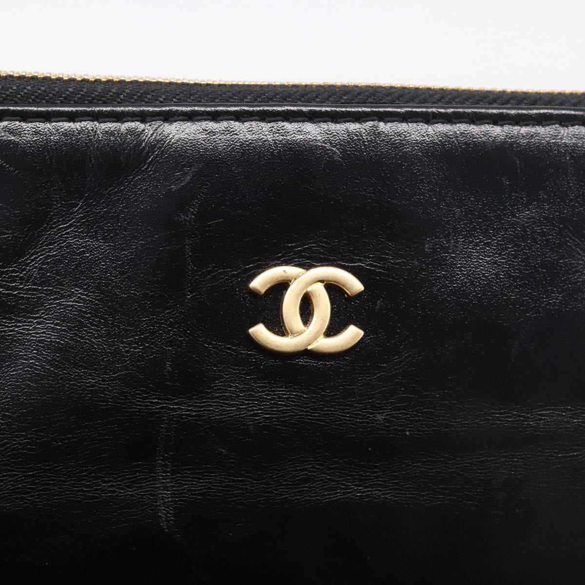 CHANEL COCO Mark Pouch Leather Black Gold CC Auth 215419A