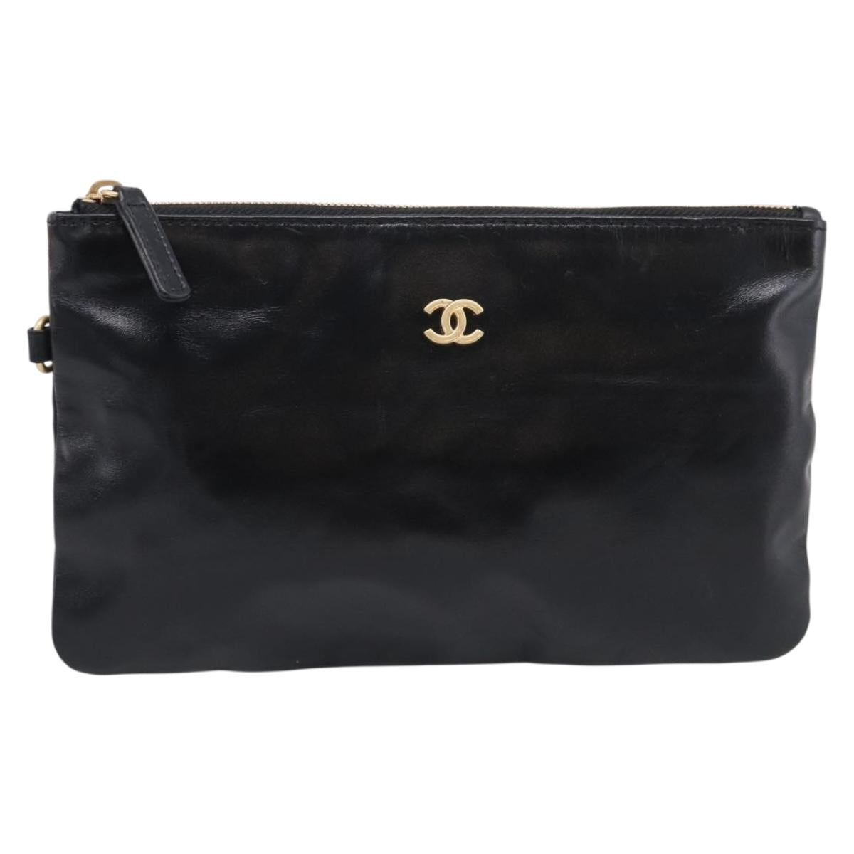 CHANEL COCO Mark Pouch Leather Black Gold CC Auth 215419A