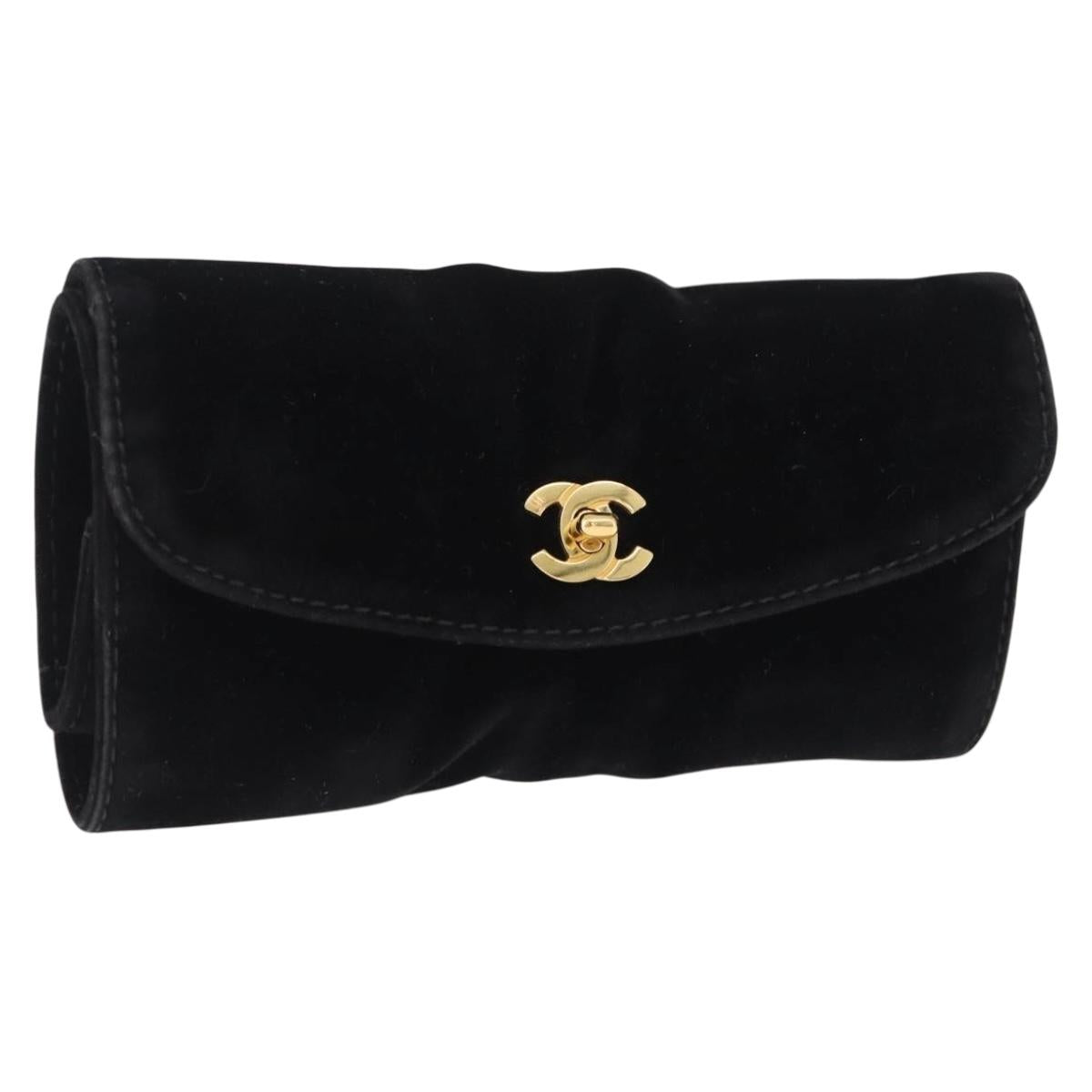 CHANEL Cosmetic Pouch Velor Black Gold CC Auth 215421A
