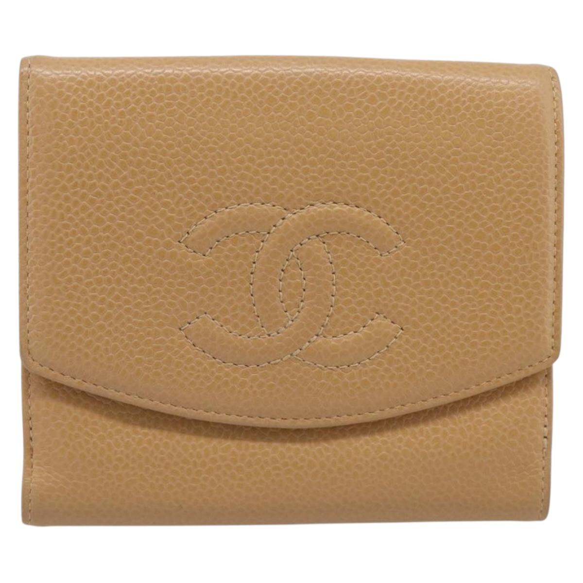 CHANEL Wallet Caviar Skin Beige Gold CC Auth 215436