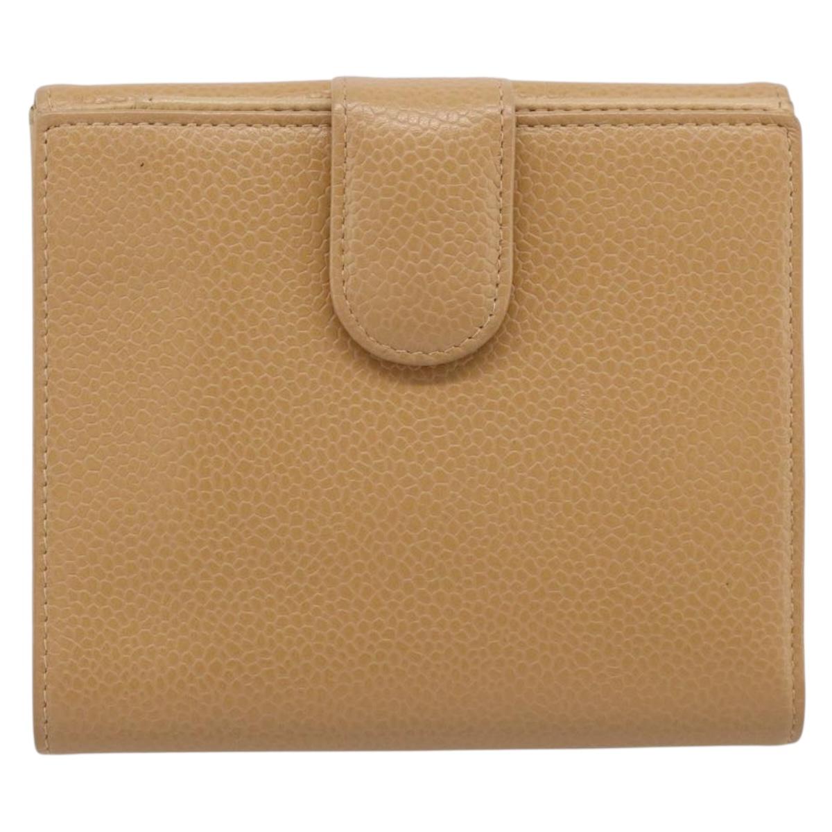 CHANEL Wallet Caviar Skin Beige Gold CC Auth 215436