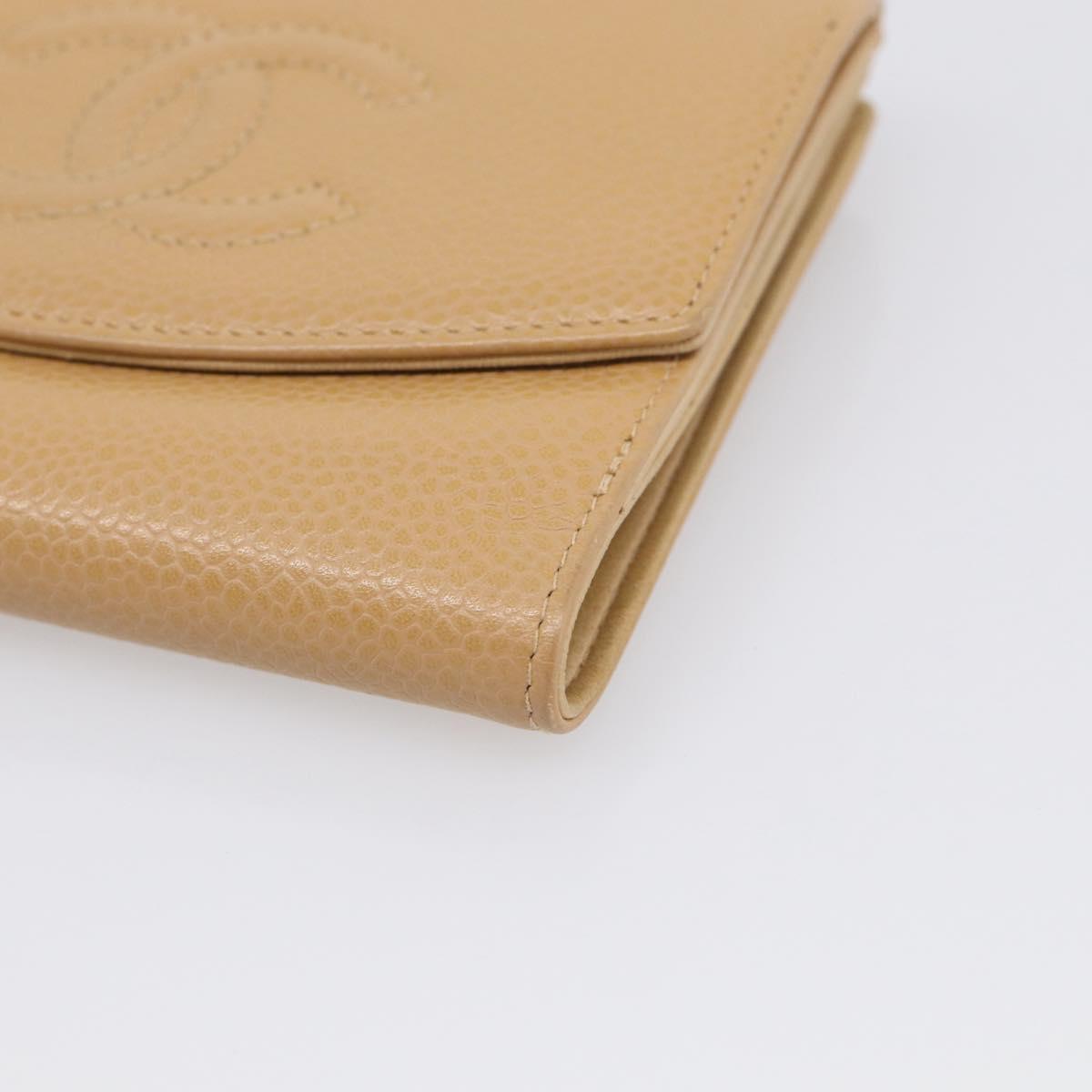 CHANEL Wallet Caviar Skin Beige Gold CC Auth 215436