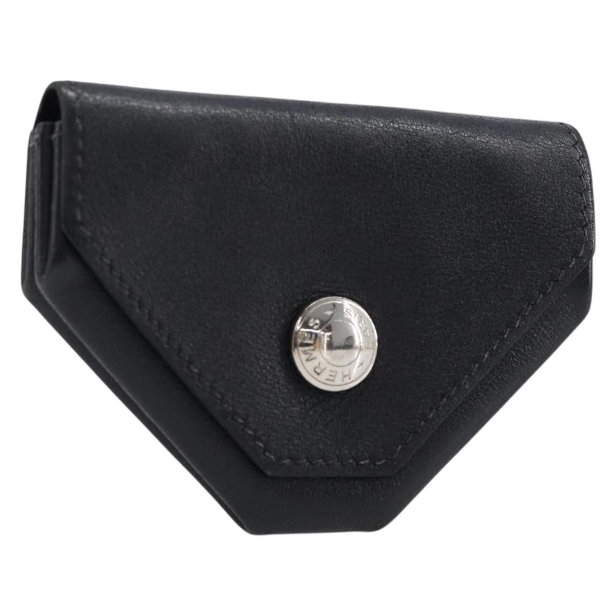HERMES Revan Cattle Coin Purse Leather Black Silver Auth 215443A