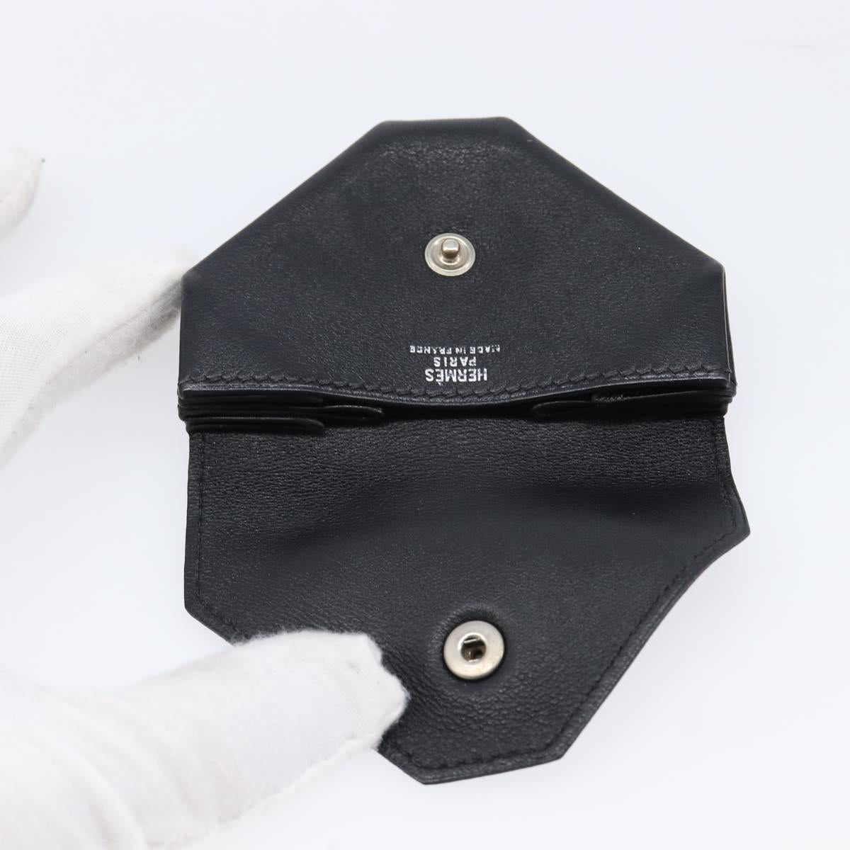 HERMES Revan Cattle Coin Purse Leather Black Silver Auth 215443A