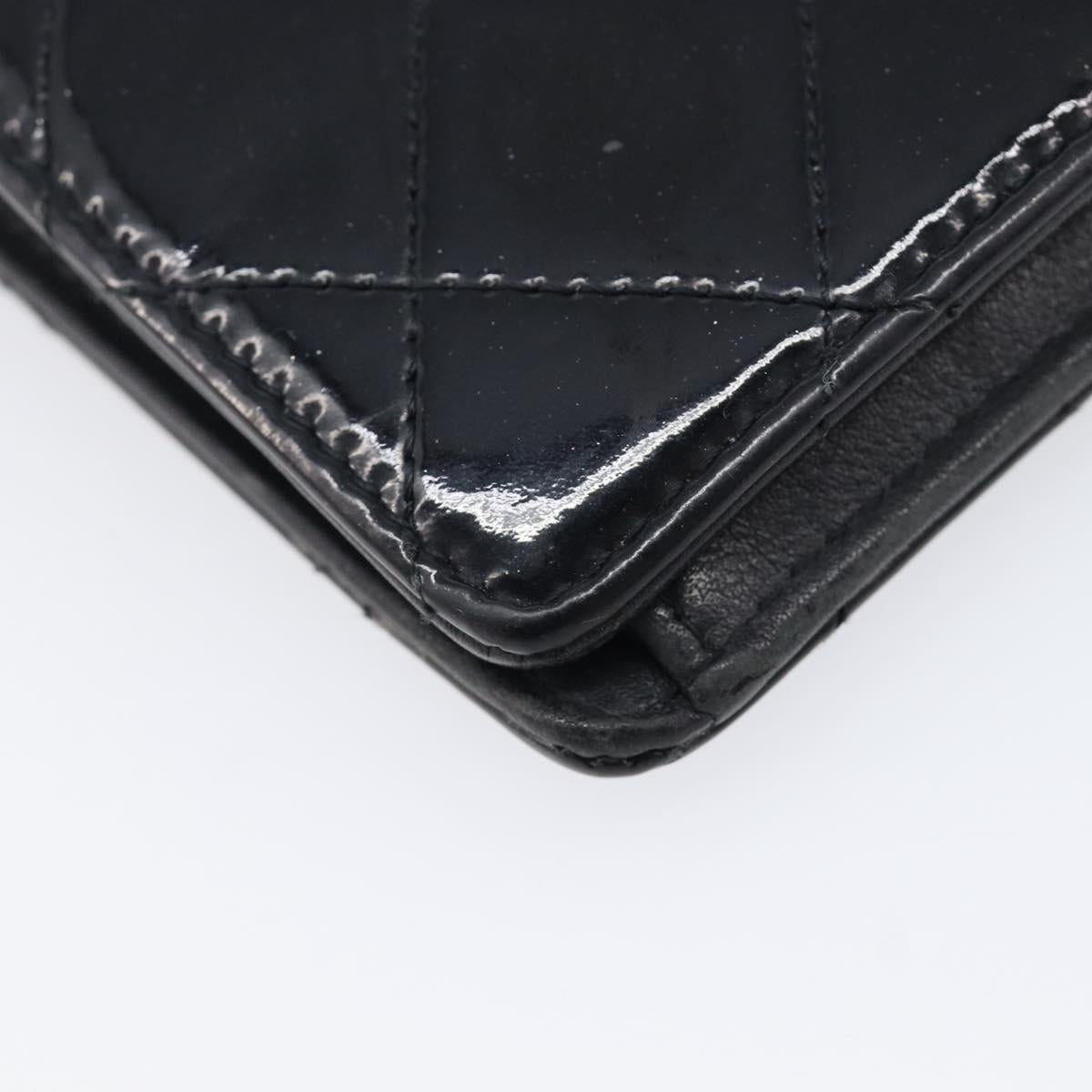 CHANEL Matelasse Long Wallet Patent leather Black Silver CC Auth 215444