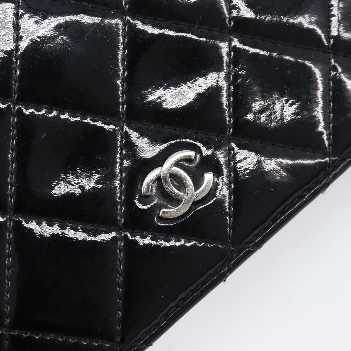 CHANEL Matelasse Long Wallet Patent leather Black Silver CC Auth 215444