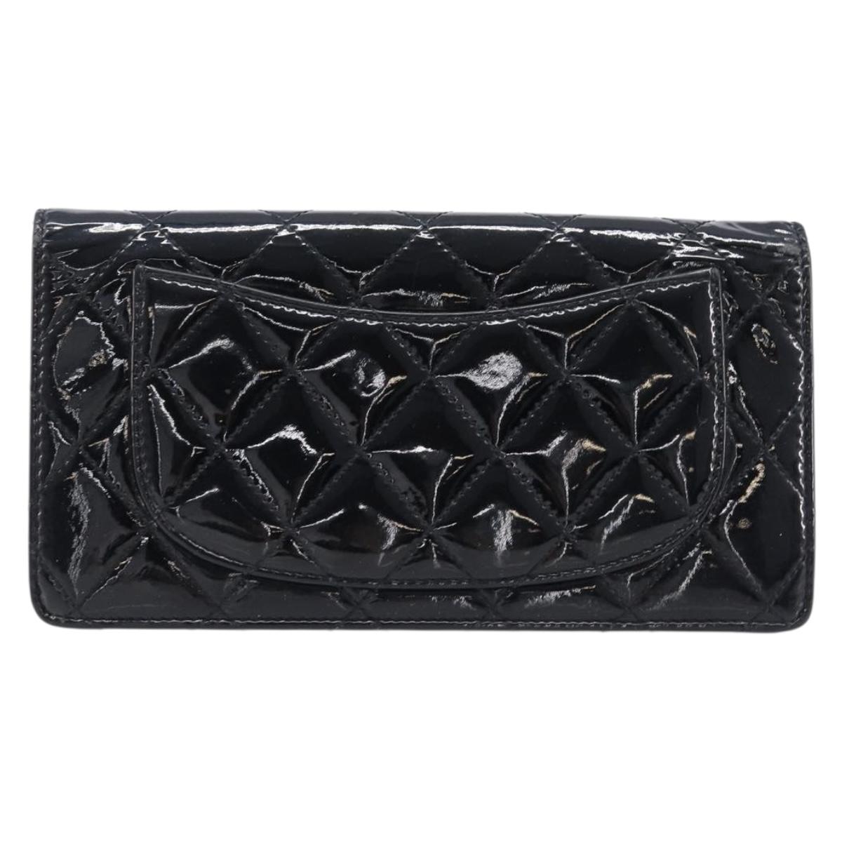 CHANEL Matelasse Long Wallet Patent leather Black Silver CC Auth 215444