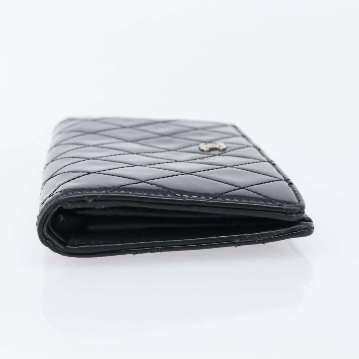 CHANEL Matelasse Long Wallet Patent leather Black Silver CC Auth 215444