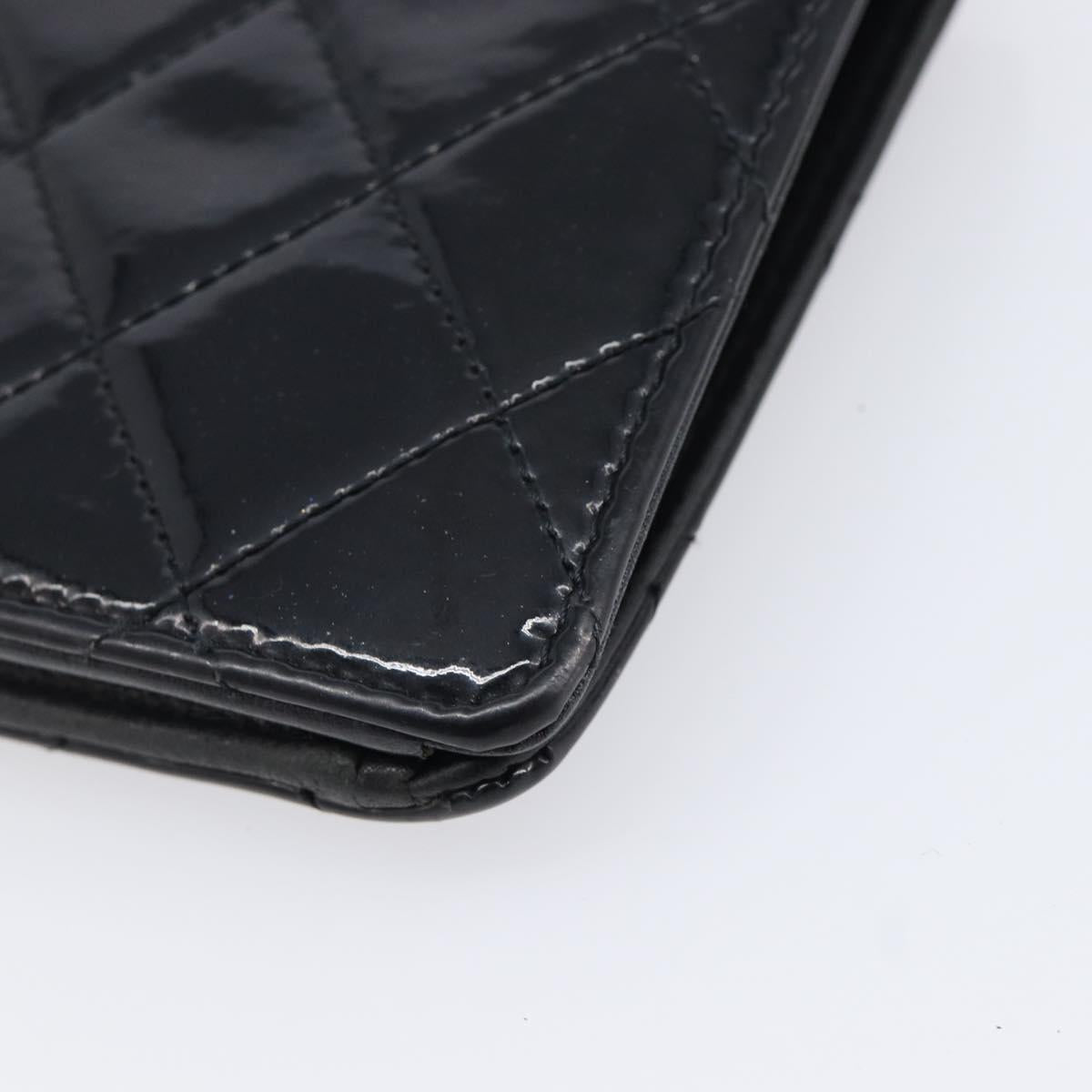 CHANEL Matelasse Long Wallet Patent leather Black Silver CC Auth 215444