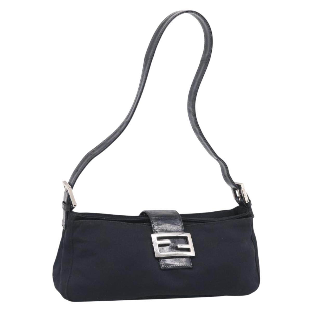 FENDI Mamma Baguette Shoulder Bag Cotton Jersey Black Silver Auth 215532