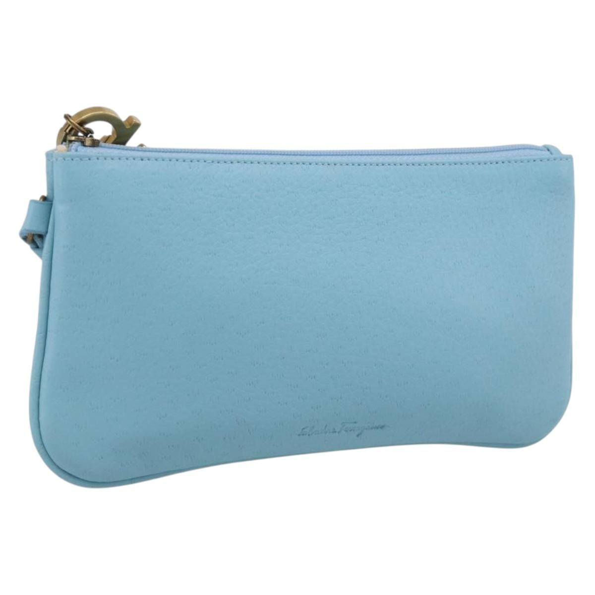 Salvatore Ferragamo Gancini Accessory Pouch Leather Light Blue Gold Auth 215537A