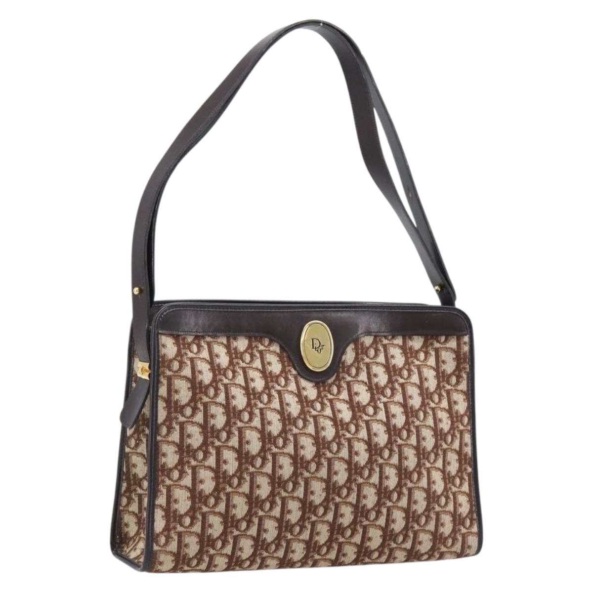 Christian Dior Trotter Canvas Shoulder Bag Beige Gold Auth 215552V