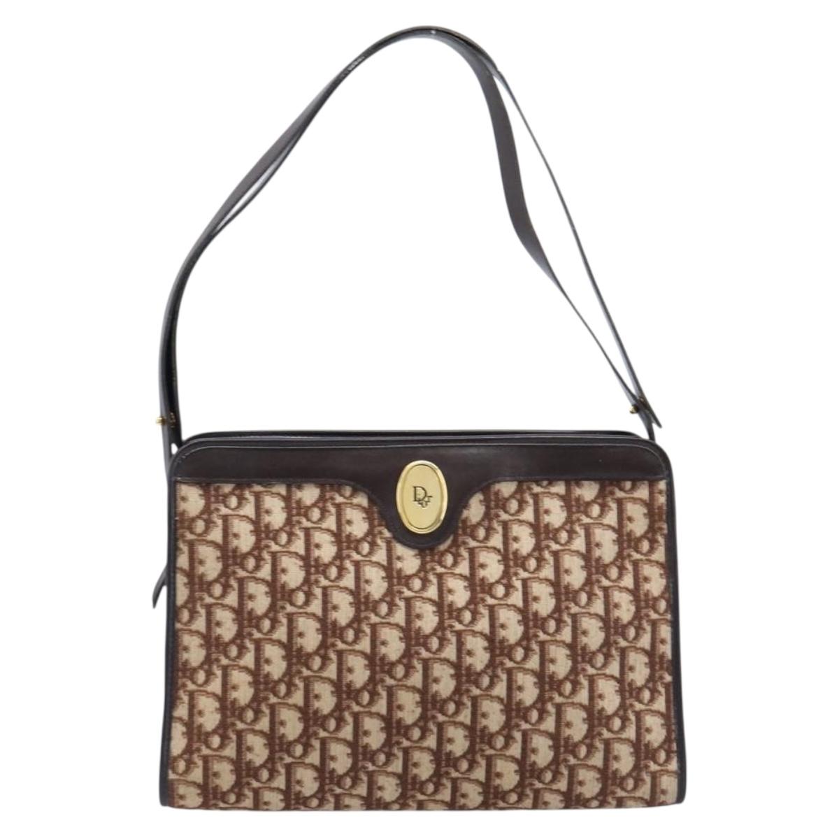 Christian Dior Trotter Canvas Shoulder Bag Beige Gold Auth 215552V