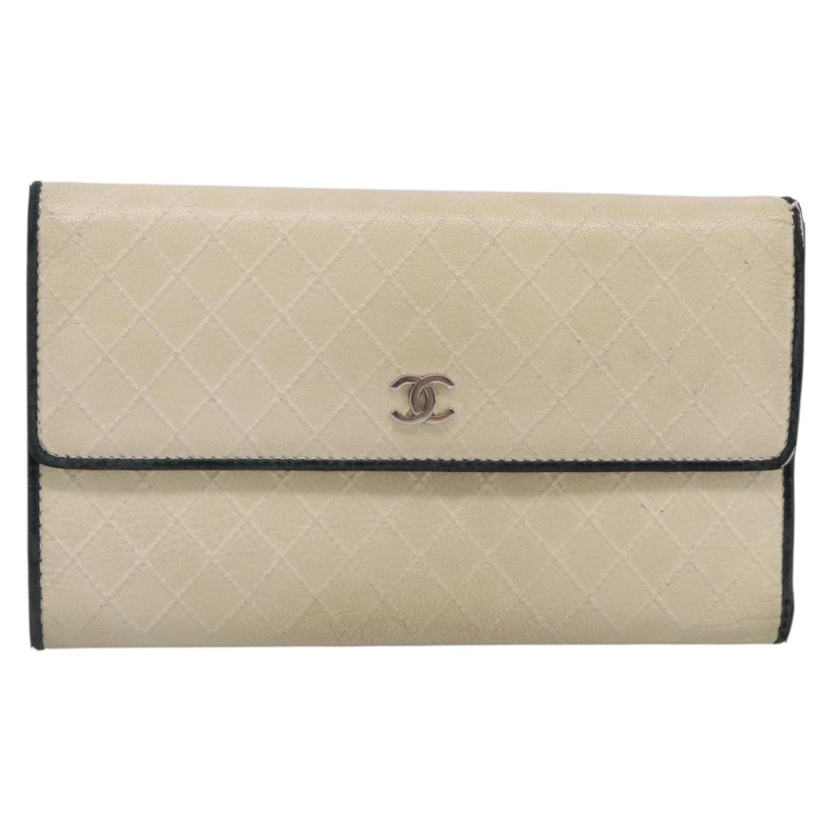 CHANEL Long Wallet Leather Ivory Silver CC Auth 215553