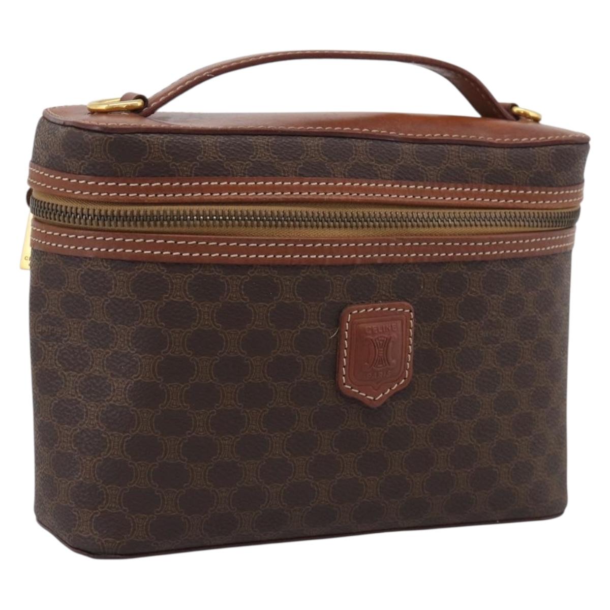 CELINE Macadam Canvas Vanity Pouch PVC Leather Brown Gold Auth 215562