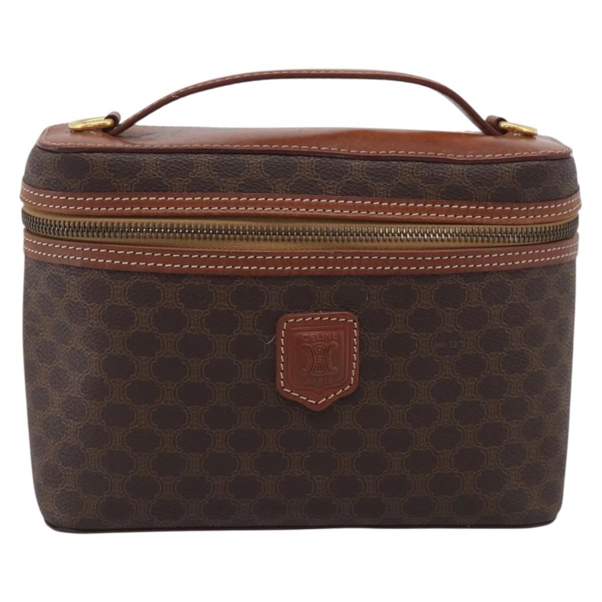 CELINE Macadam Canvas Vanity Pouch PVC Leather Brown Gold Auth 215562