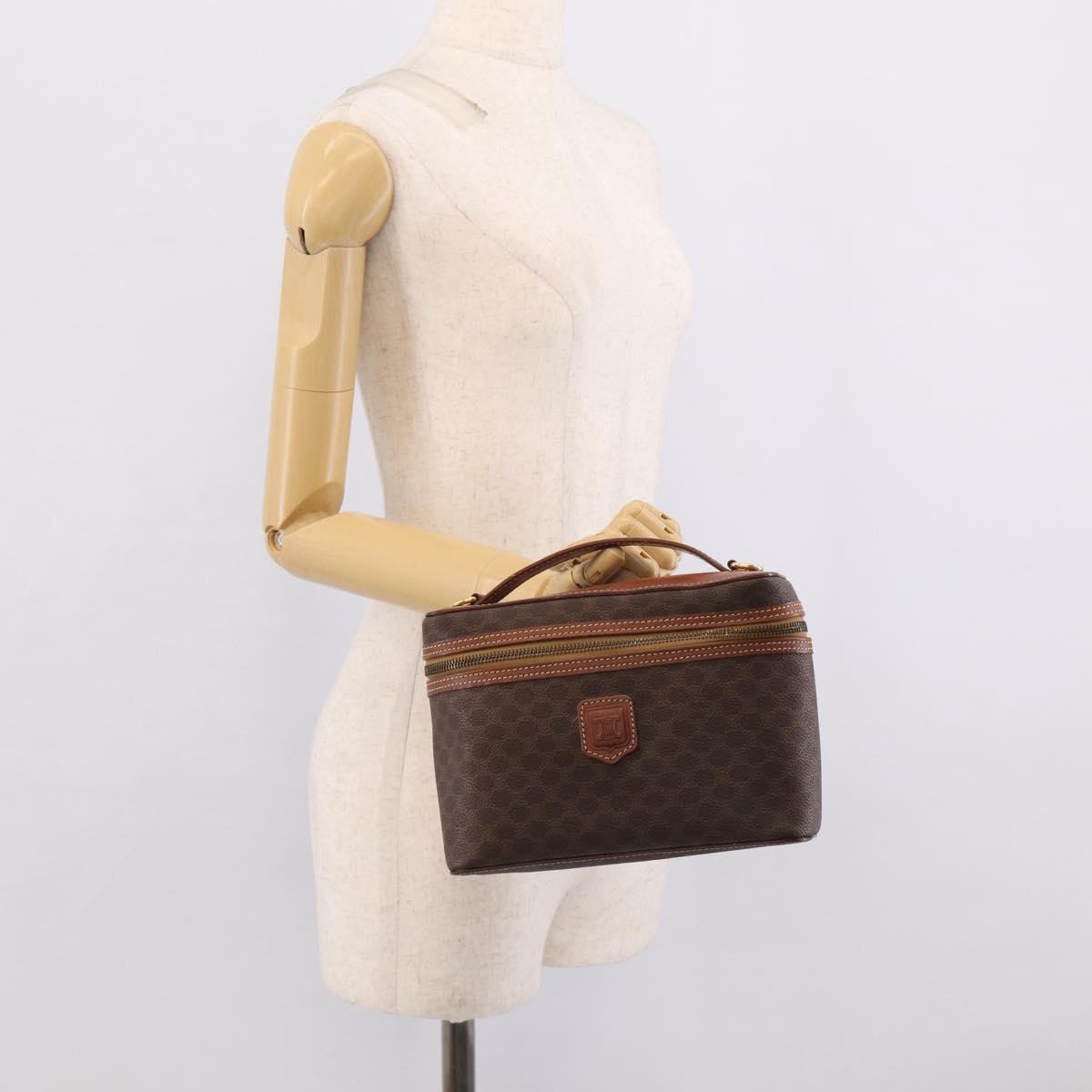 CELINE Macadam Canvas Vanity Pouch PVC Leather Brown Gold Auth 215562