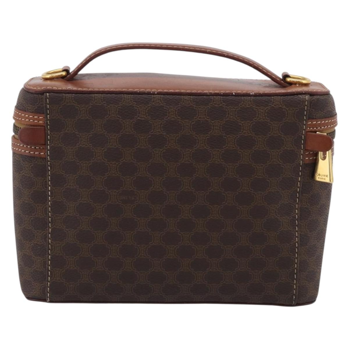 CELINE Macadam Canvas Vanity Pouch PVC Leather Brown Gold Auth 215562