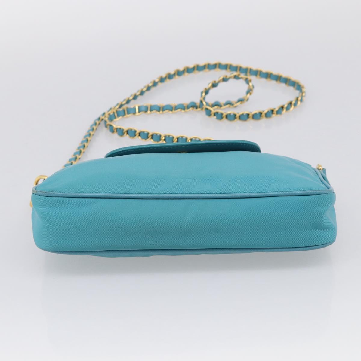 PRADA Chain Shoulder Bag Nylon Blue Gold Auth 215598V