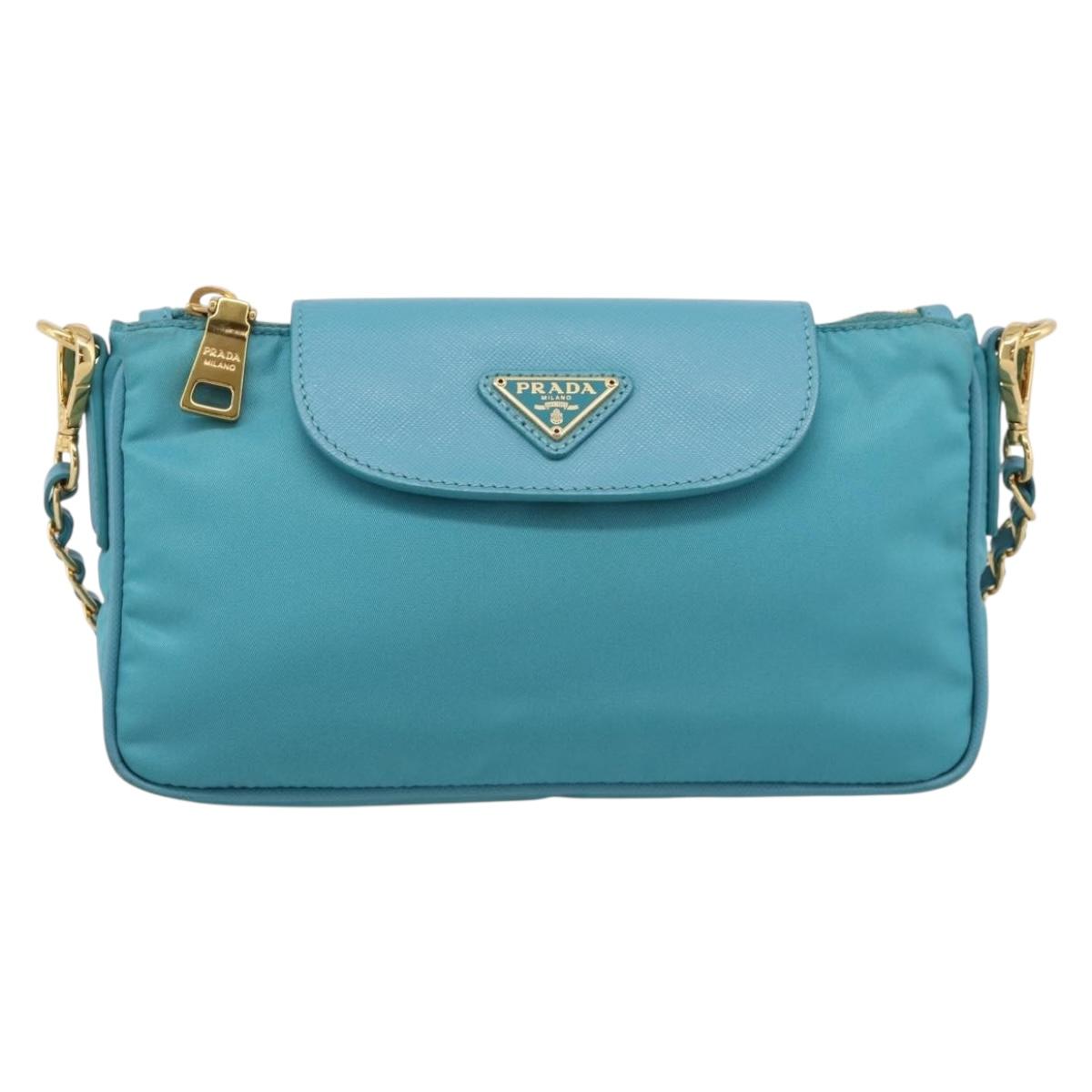 PRADA Chain Shoulder Bag Nylon Blue Gold Auth 215598V