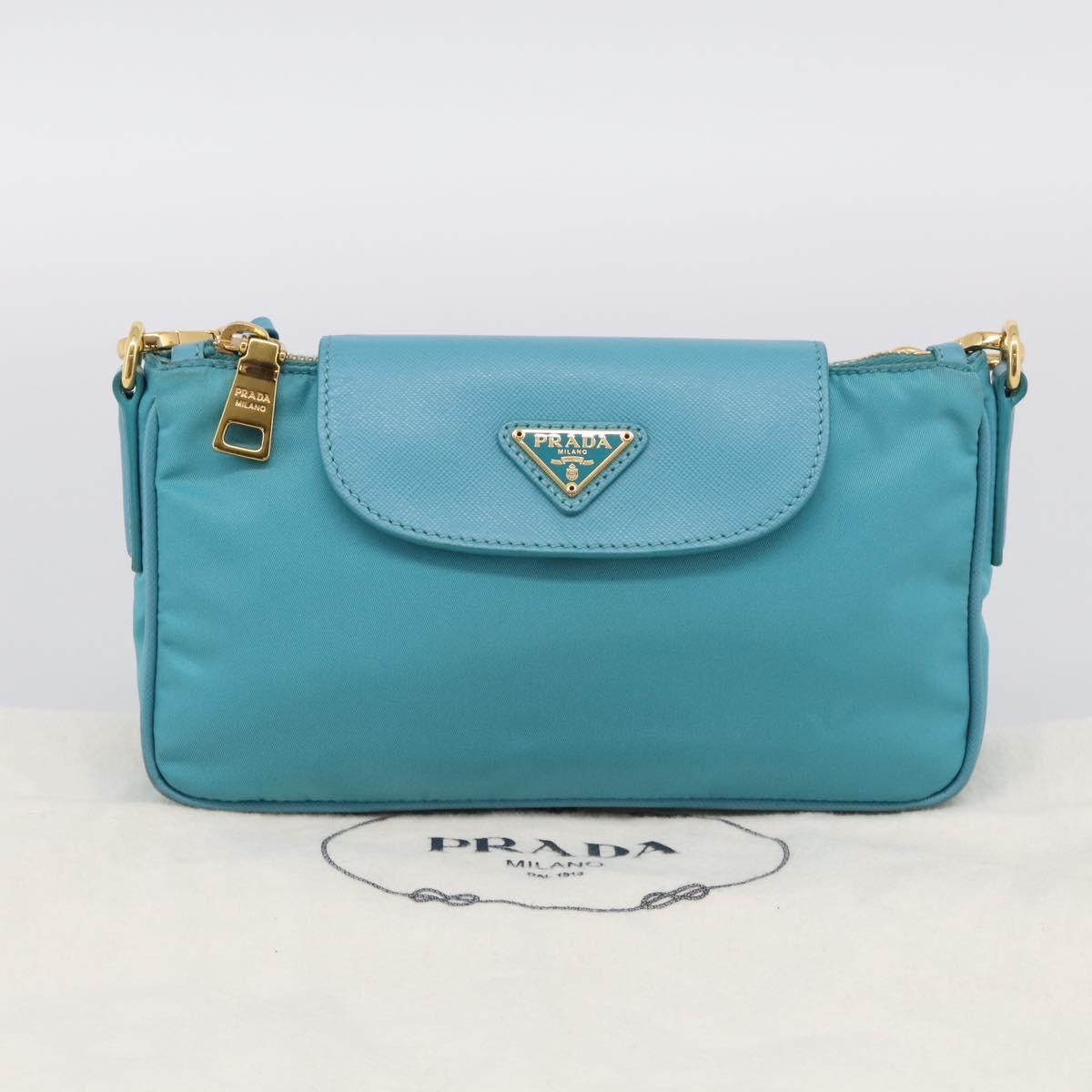 PRADA Chain Shoulder Bag Nylon Blue Gold Auth 215598V