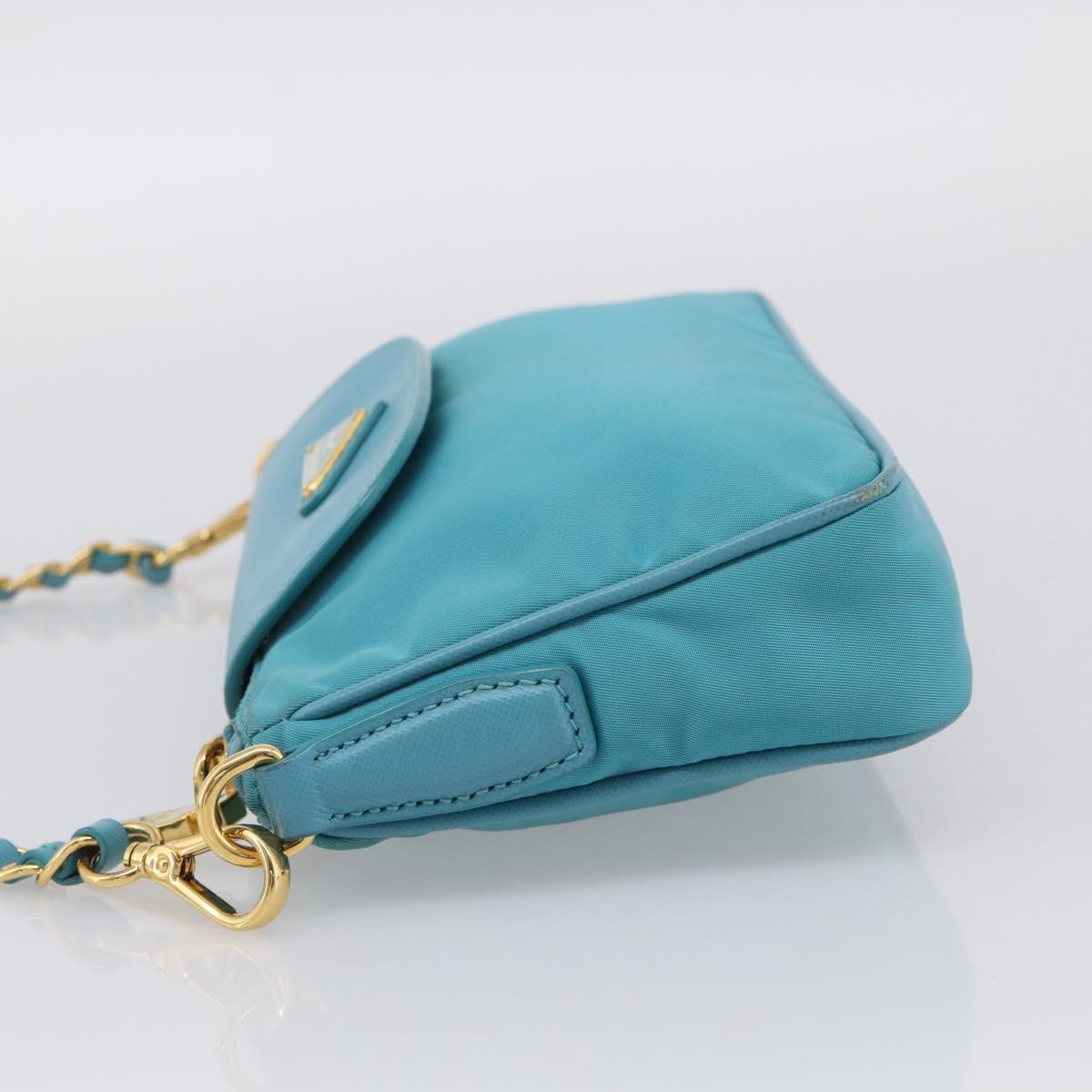 PRADA Chain Shoulder Bag Nylon Blue Gold Auth 215598V
