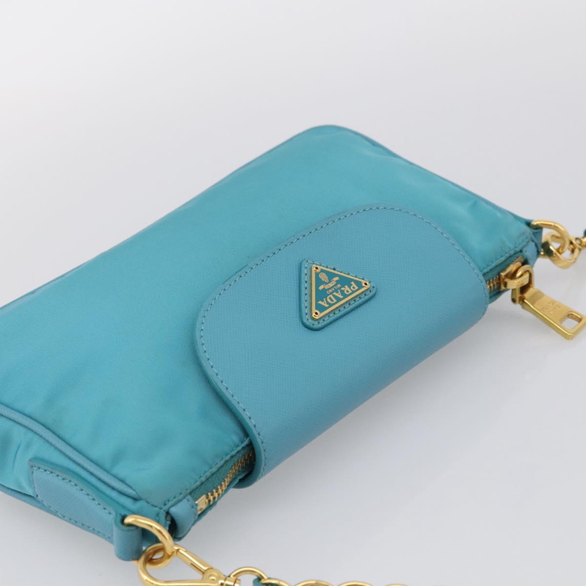 PRADA Chain Shoulder Bag Nylon Blue Gold Auth 215598V