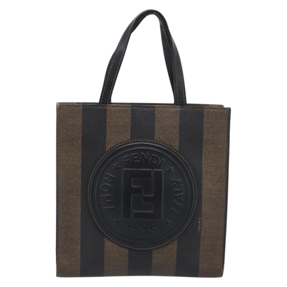 FENDI Pequin Canvas Hand Bag PVC Black Brown Auth 215603