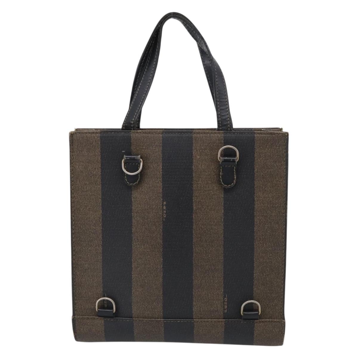 FENDI Pequin Canvas Hand Bag PVC Black Brown Auth 215603