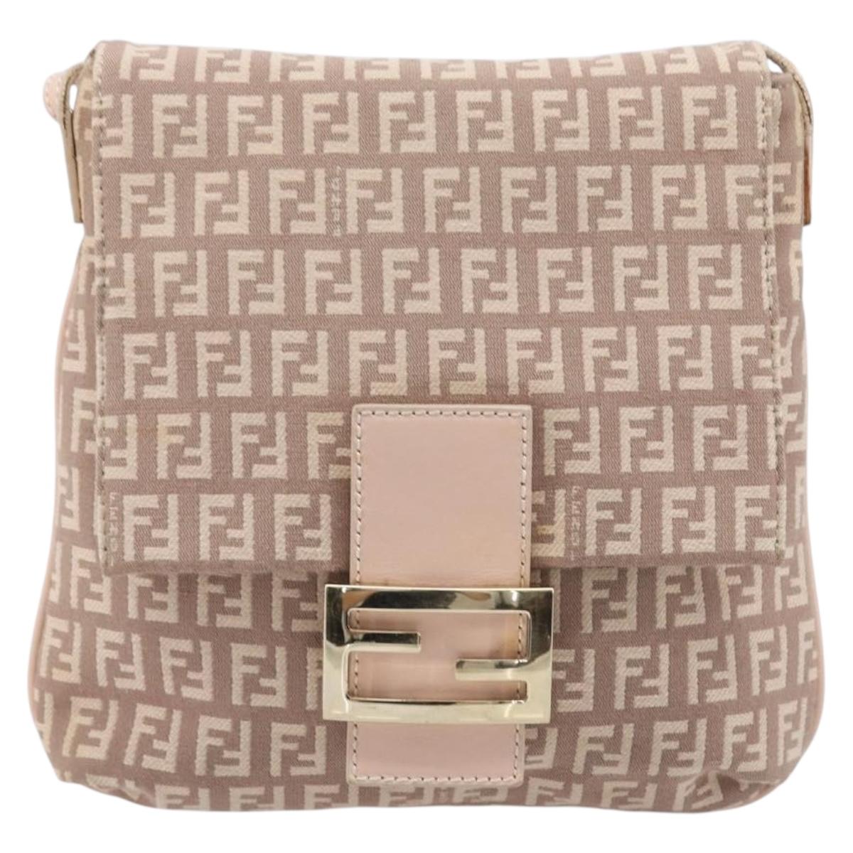 FENDI Zucchino Canvas Mamma Baguette Shoulder Bag Pink Gold Auth 215607V