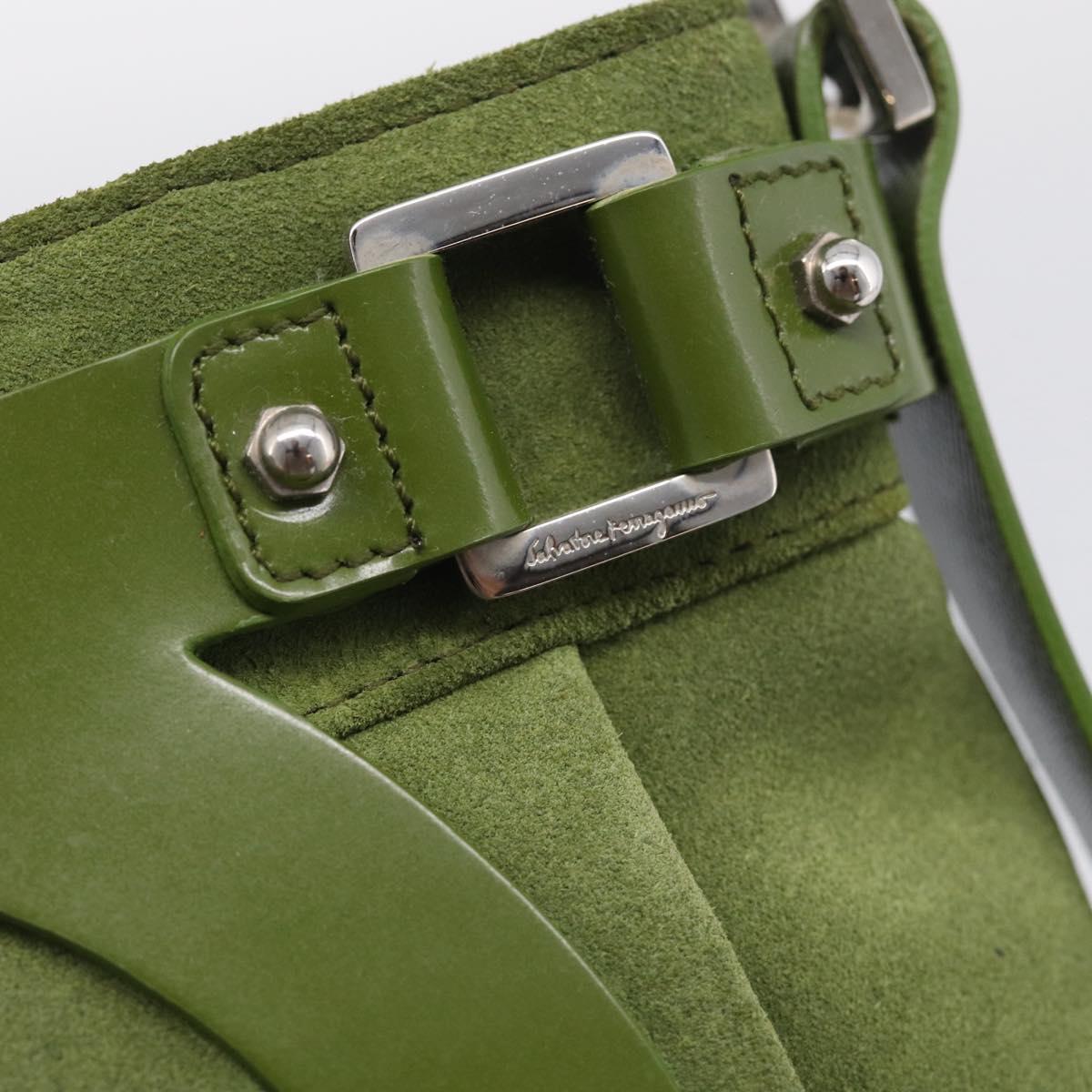 Salvatore Ferragamo Gancini Shoulder Bag Suede Green Silver Auth 215612A