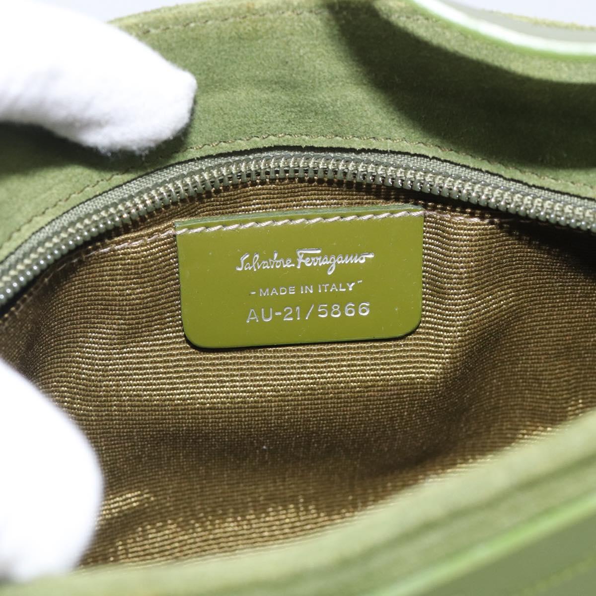 Salvatore Ferragamo Gancini Shoulder Bag Suede Green Silver Auth 215612A