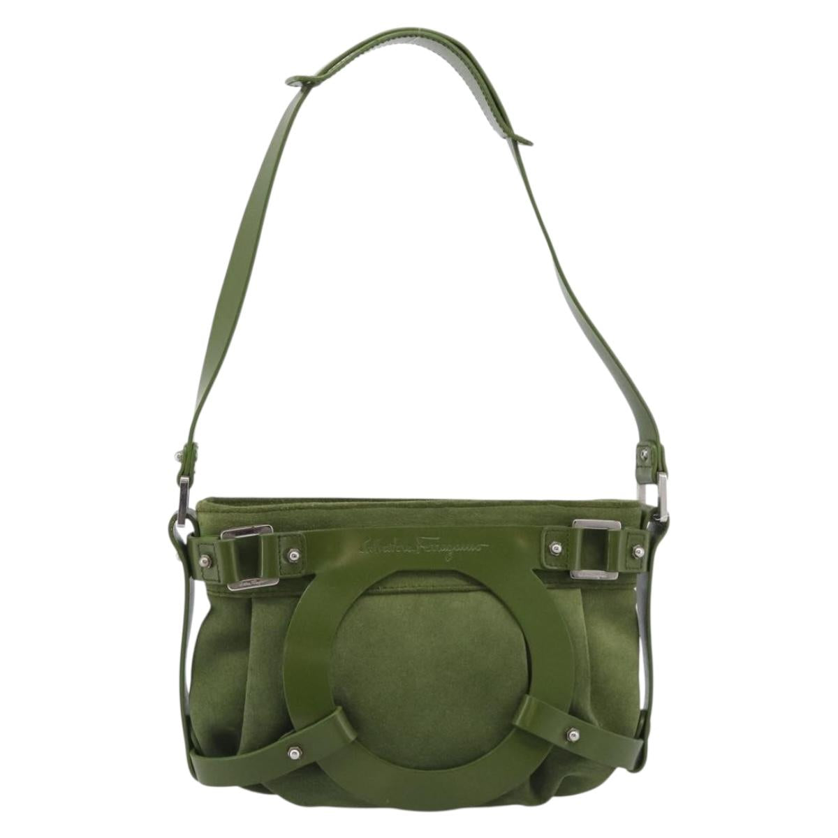 Salvatore Ferragamo Gancini Shoulder Bag Suede Green Silver Auth 215612A