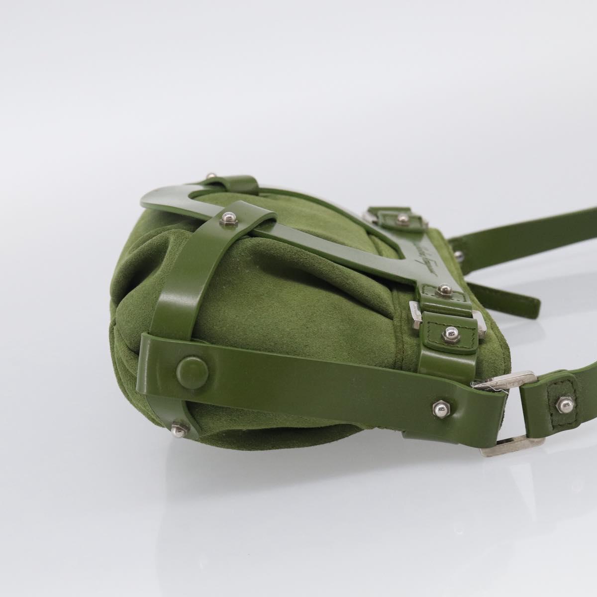 Salvatore Ferragamo Gancini Shoulder Bag Suede Green Silver Auth 215612A