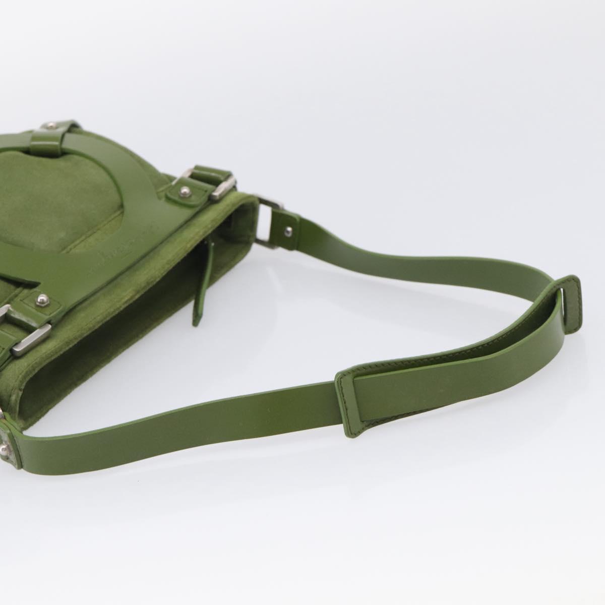 Salvatore Ferragamo Gancini Shoulder Bag Suede Green Silver Auth 215612A