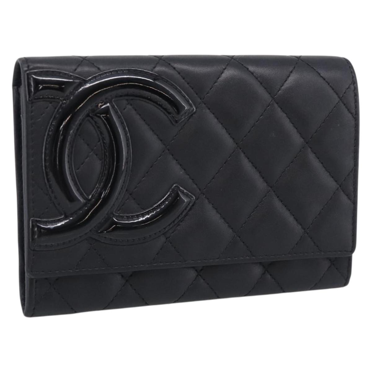 CHANEL Cambon Line Matelasse Compact Wallet Leather Black Silver CC Auth 215615V