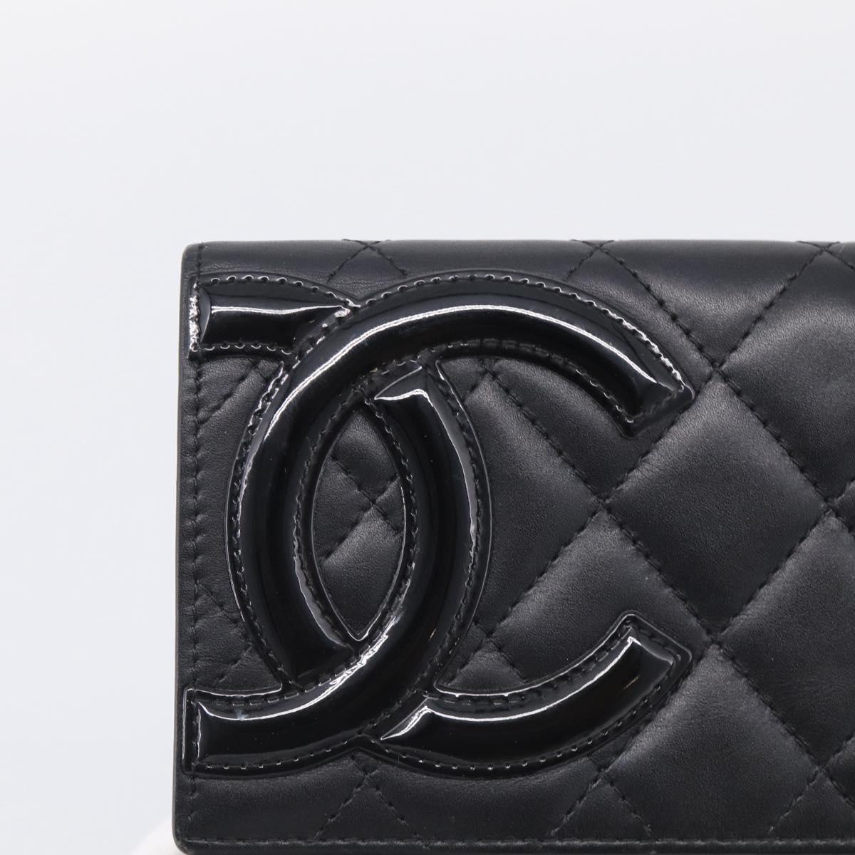 CHANEL Cambon Line Matelasse Compact Wallet Leather Black Silver CC Auth 215615V