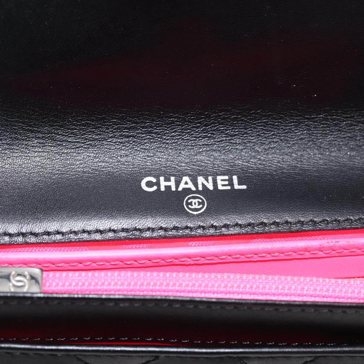 CHANEL Cambon Line Matelasse Compact Wallet Leather Black Silver CC Auth 215615V