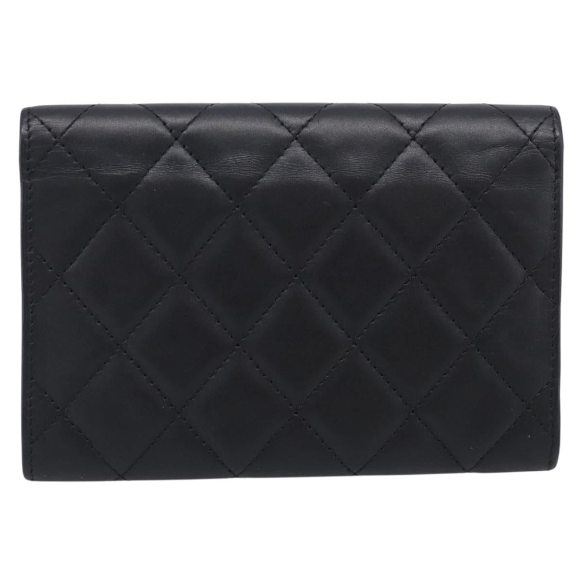 CHANEL Cambon Line Matelasse Compact Wallet Leather Black Silver CC Auth 215615V