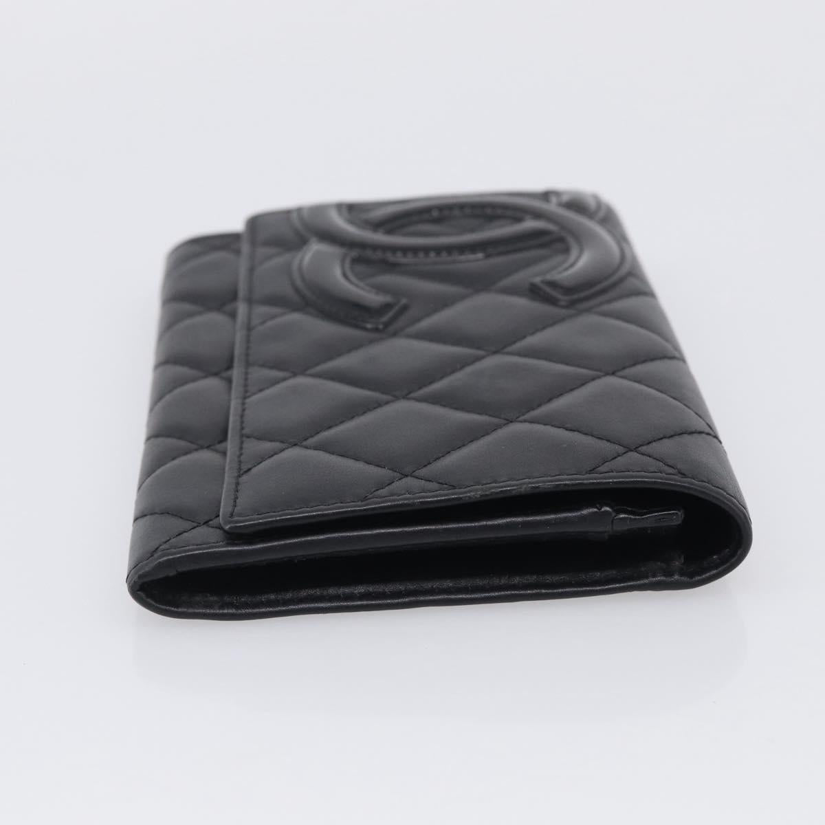 CHANEL Cambon Line Matelasse Compact Wallet Leather Black Silver CC Auth 215615V