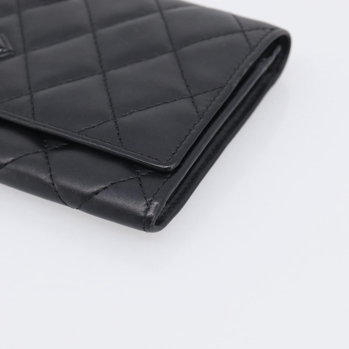 CHANEL Cambon Line Matelasse Compact Wallet Leather Black Silver CC Auth 215615V