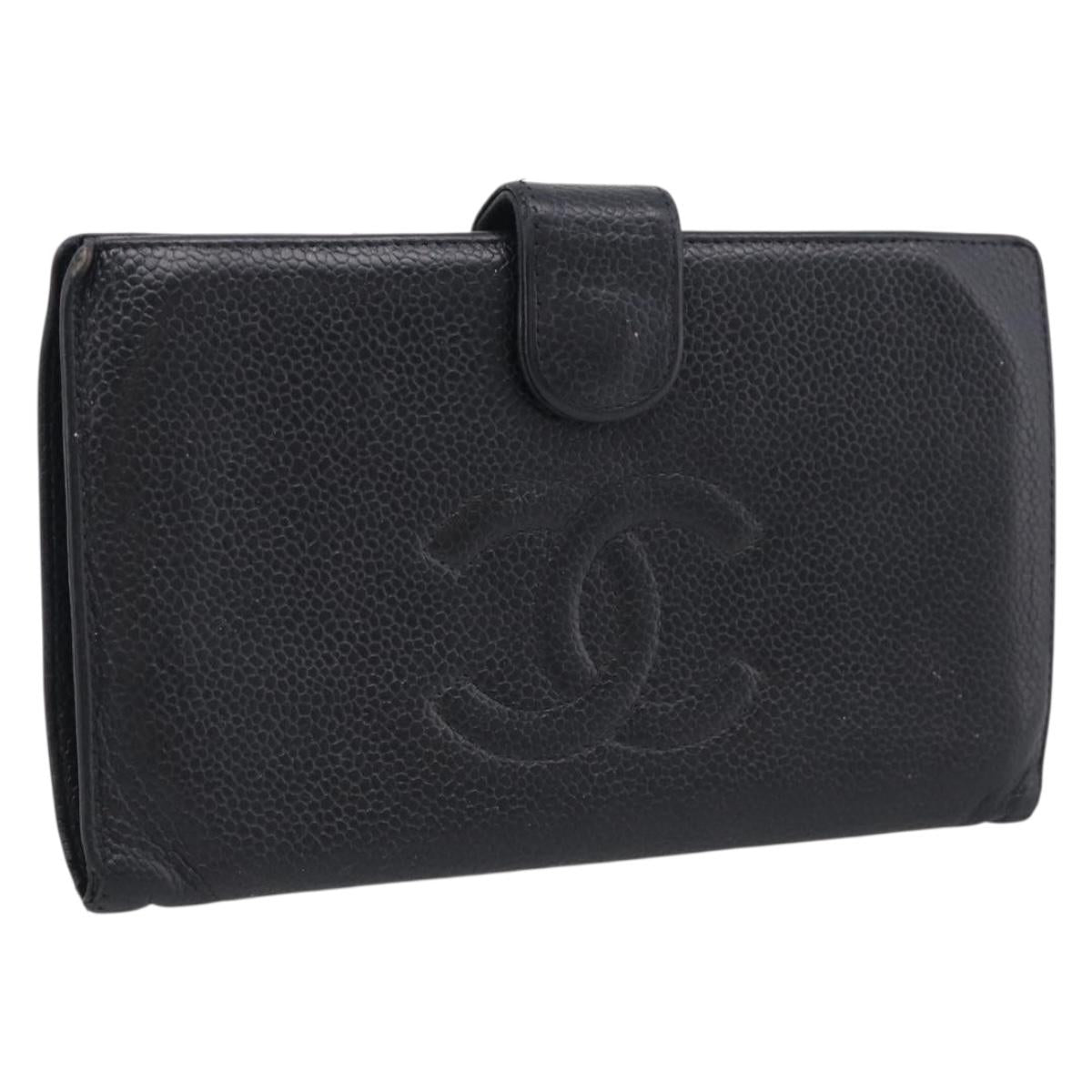 CHANEL Wallet Caviar Skin Black Gold CC Auth 215620