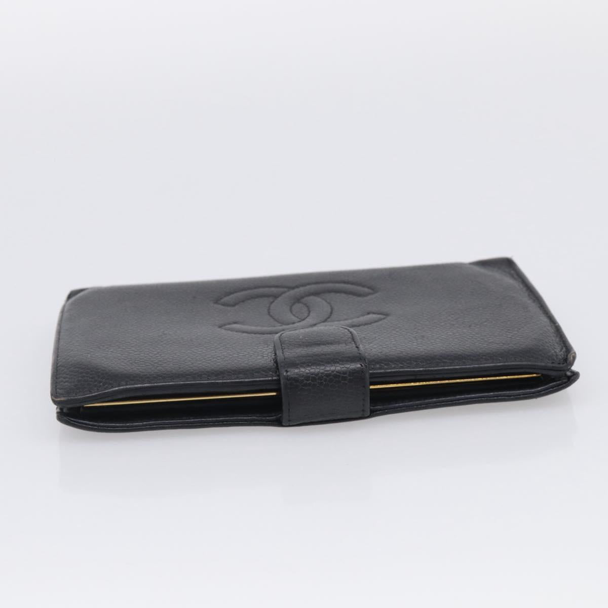 CHANEL Wallet Caviar Skin Black Gold CC Auth 215620