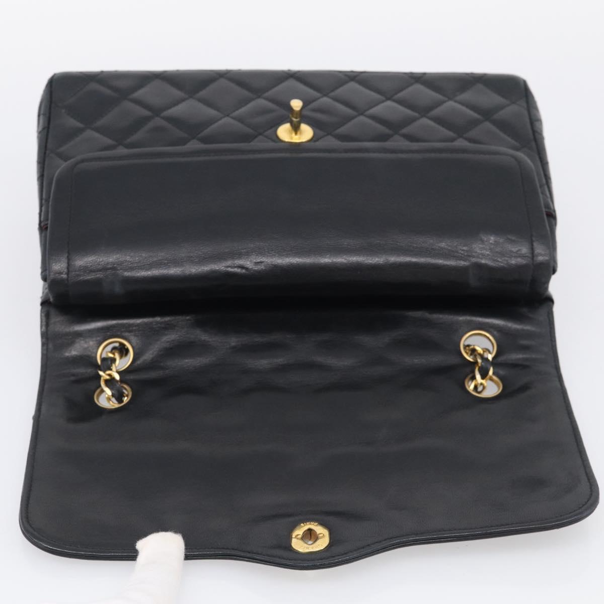 CHANEL Matelasse 26 Chain Shoulder Bag Lamb Skin Black Gold CC Auth 215684V